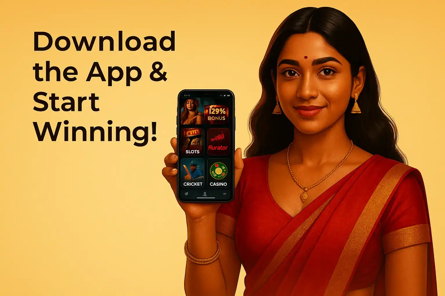 Indian woman in red and gold sari presenting mobile casino app with slots, cricket, and 129% welcome bonus.