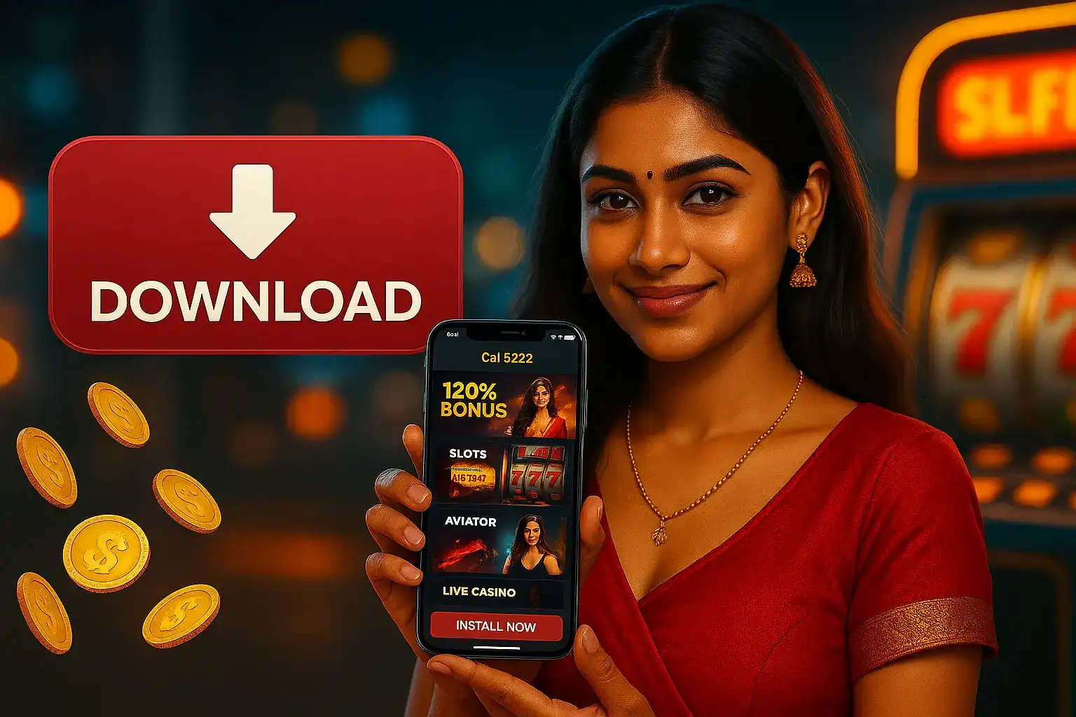 Smiling Indian woman in red sari holding phone with casino app showing 120% bonus, download icon and flying coins.