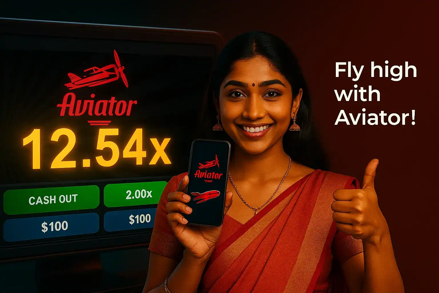 Happy Indian woman giving thumbs up and showing Aviator game with multiplier x12.54 and cash out options.