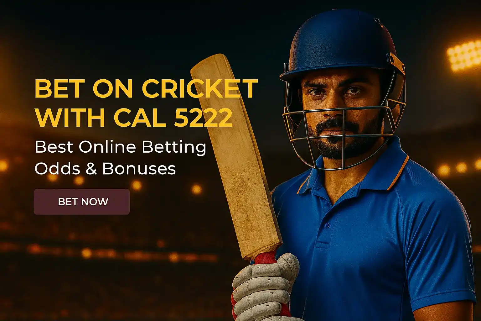 Focused Indian cricket player in helmet holding bat with text 'Bet on Cricket with CAL 5222' and betting bonuses.