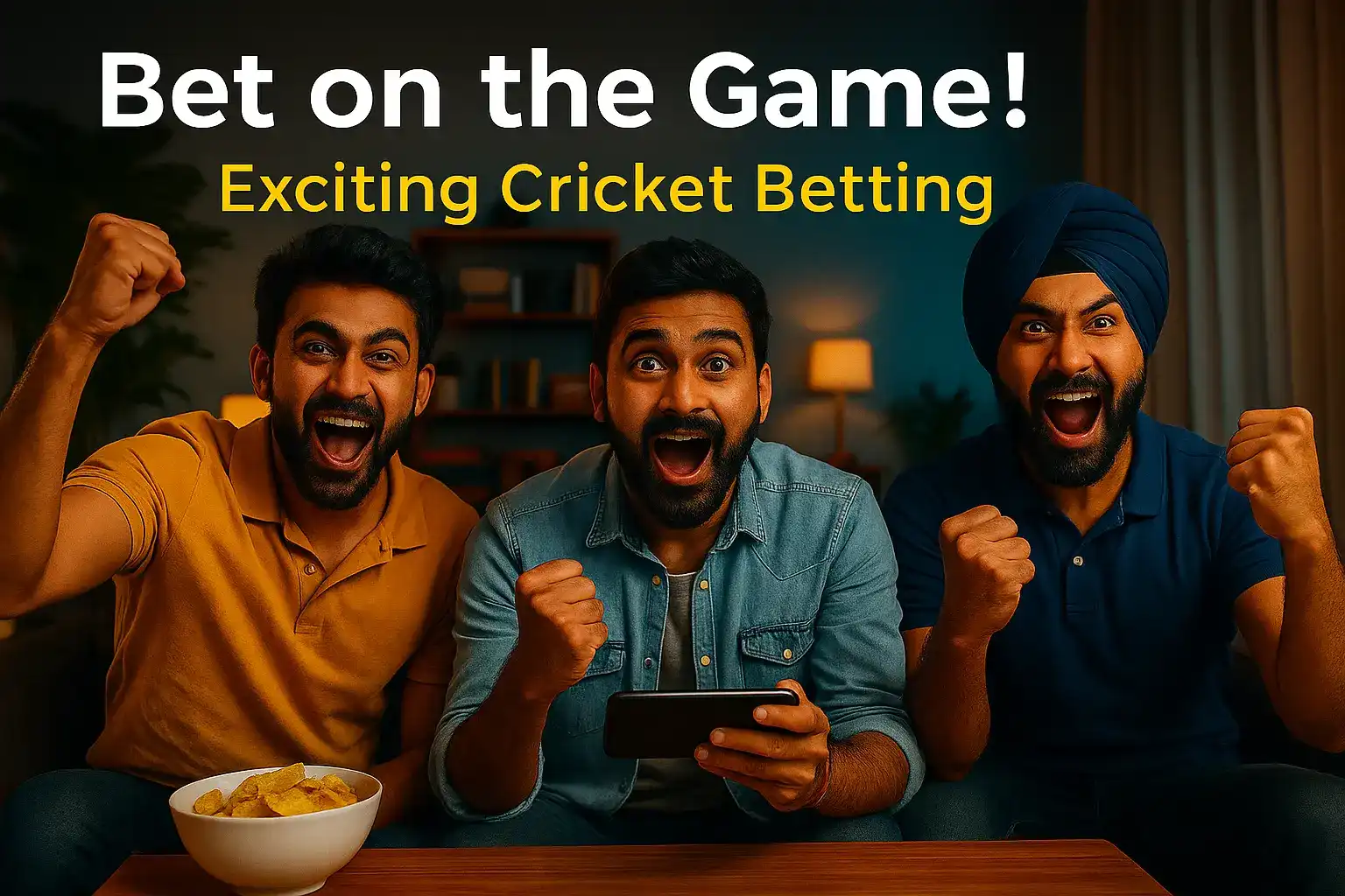 Group of excited Indian friends cheering with phone in hand while watching live cricket betting at home.