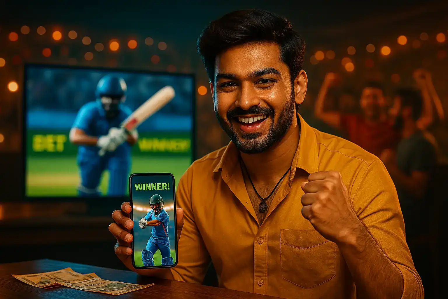 Excited Indian man holding phone showing cricket winner screen with cash on table and cheering friends in background.