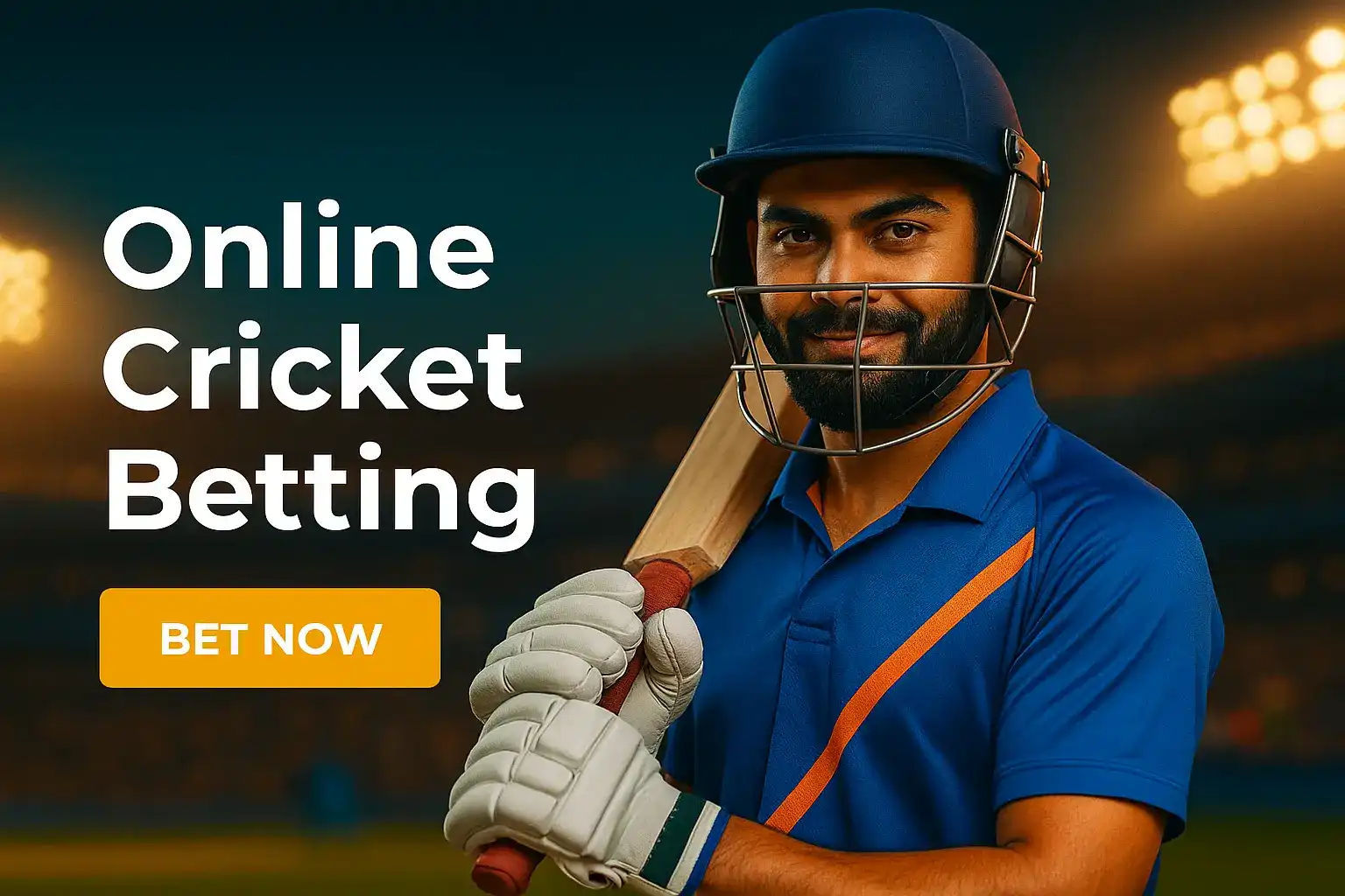 Smiling Indian cricketer in blue jersey and helmet holding bat with stadium lights and “Online Cricket Betting” text.