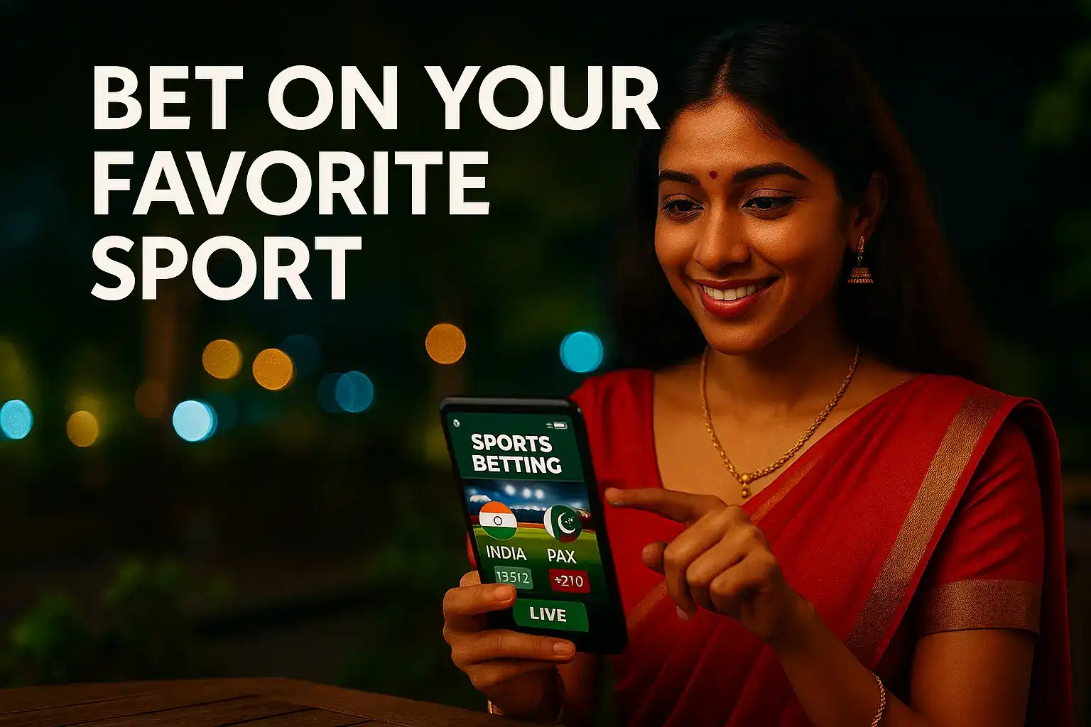 Smiling Indian woman in red sari using sports betting app on phone with India vs Pakistan odds displayed.