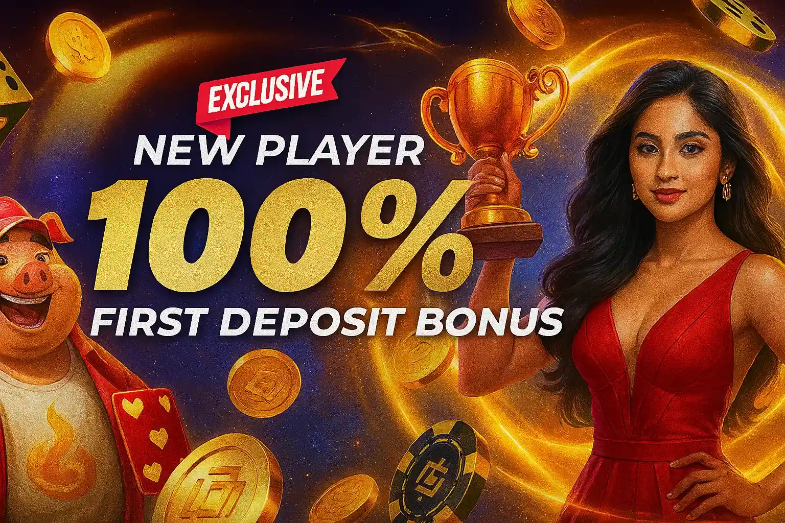 Exclusive new player 100% first deposit bonus promotion with woman in red dress, golden coins, trophy and casino elements