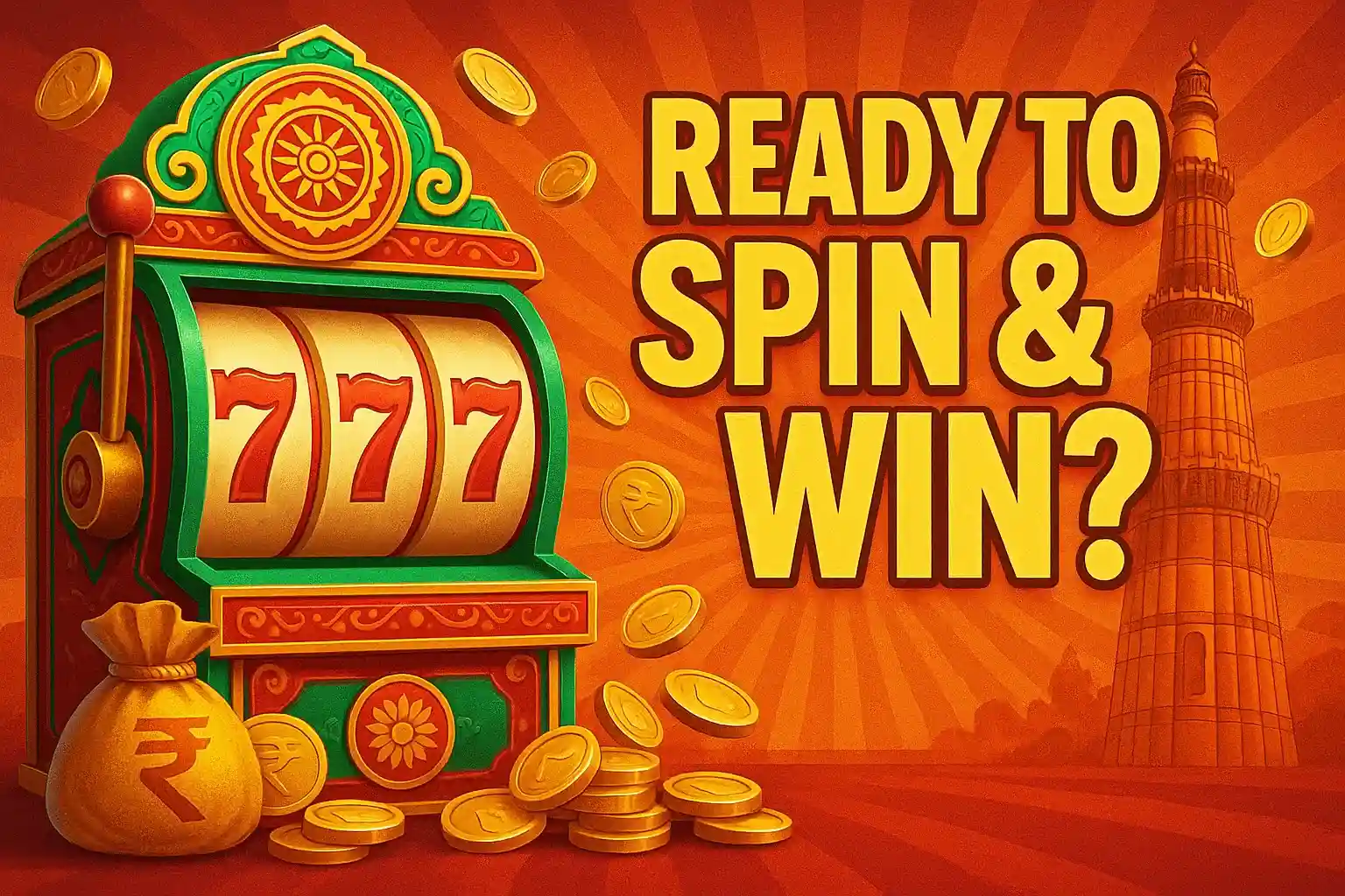 Colorful slot machine showing 777 jackpot with golden coins, money bag and 'Ready to Spin & Win?' text