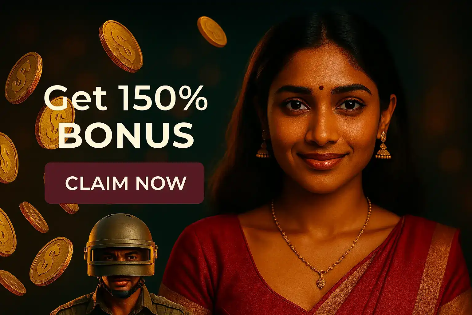 Smiling Indian woman in red sari with gold earrings next to flying coins and 150% bonus promo, military helmet below.