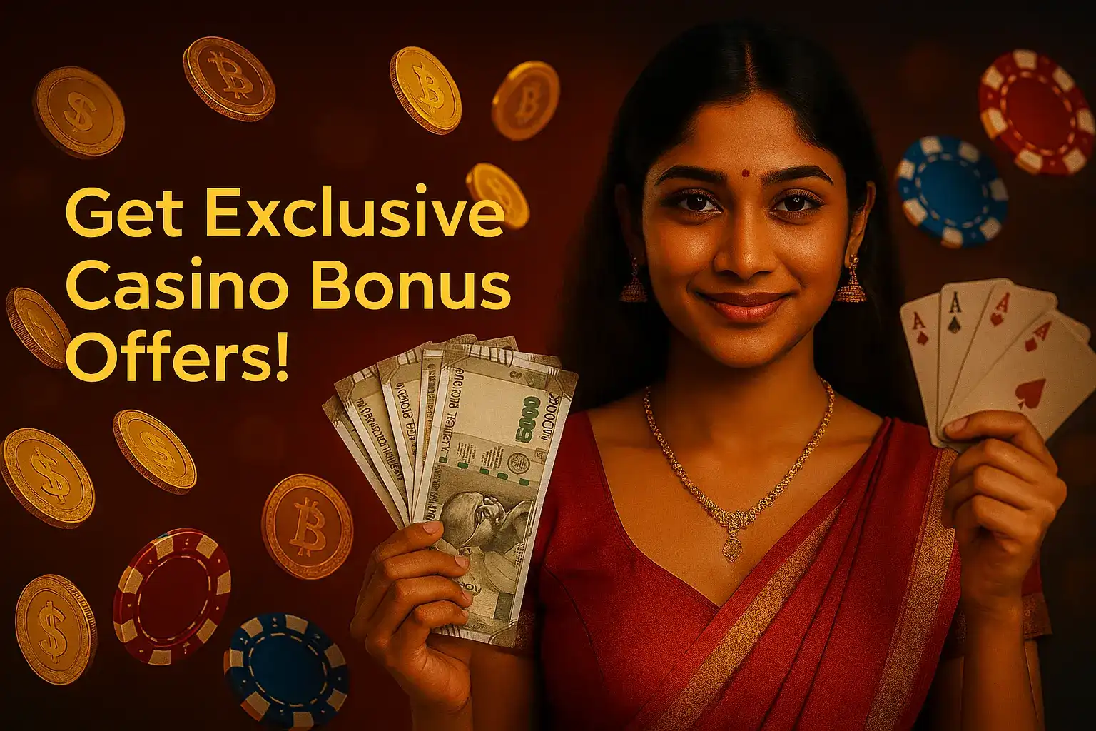 Elegant Indian woman in red sari holding four aces and Indian rupee notes with flying coins, Bitcoin icons, and poker chips.