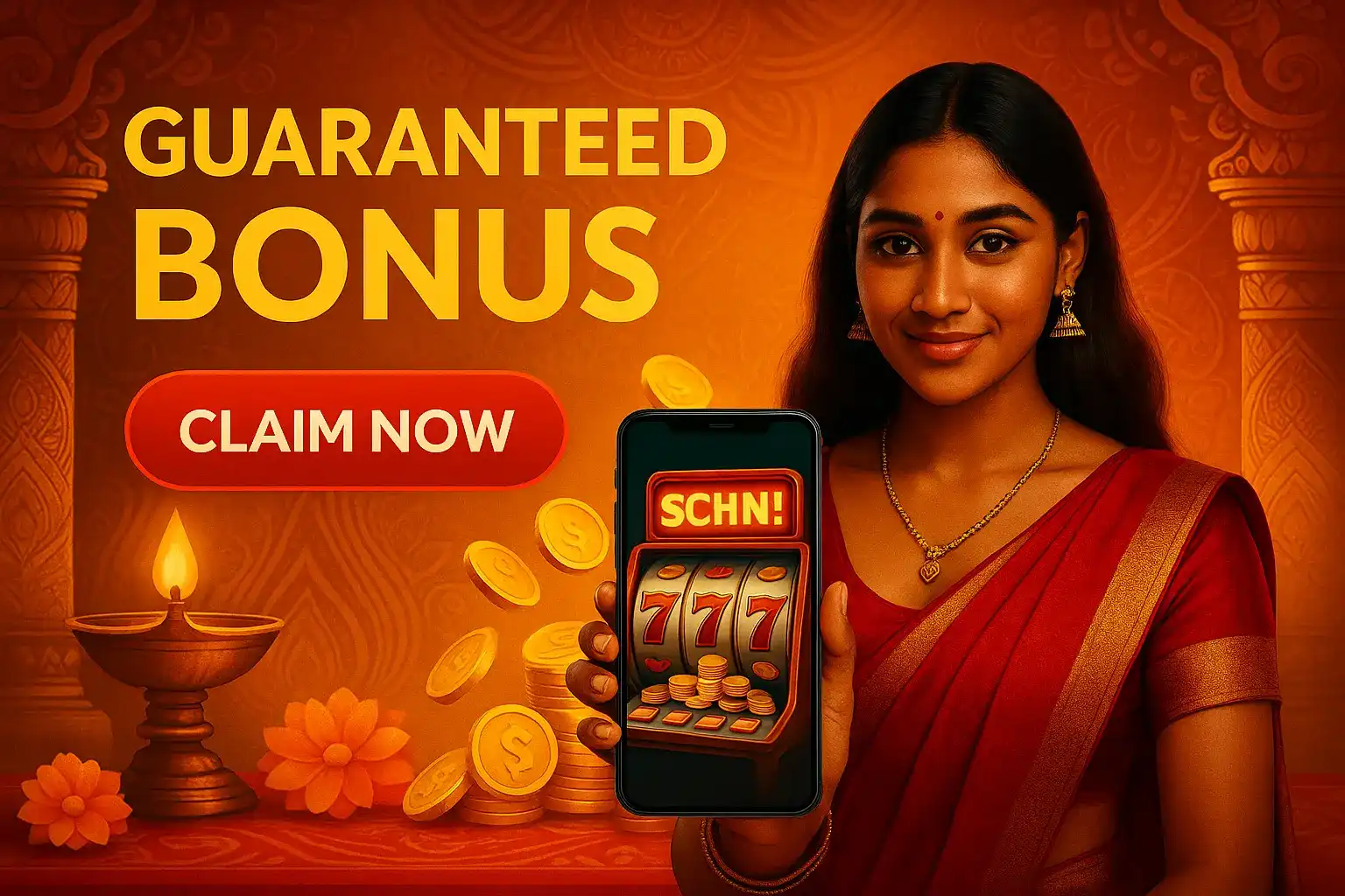 Indian woman in festive red sari holding smartphone with 777 slot win, surrounded by coins and lamp decor with bonus offer.