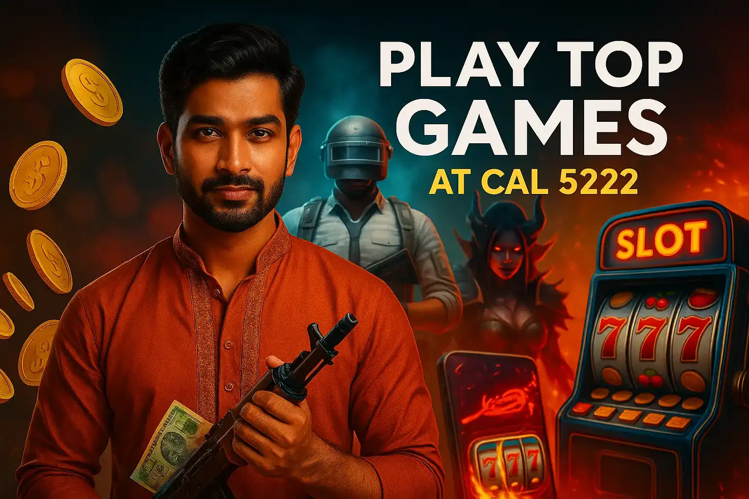 Confident Indian man in orange kurta holding gun and rupee notes with slot machine, PUBG character, and demon gamer in background.