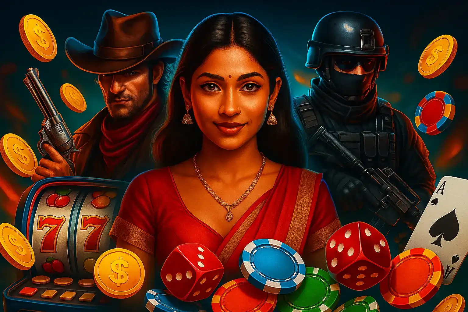 Indian woman in red surrounded by casino chips, dice, cowboy with revolver, SWAT soldier, and slot machine with 777.
