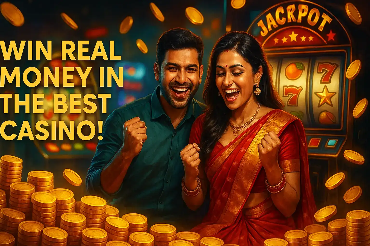 Joyful Indian couple celebrating big win near slot machine surrounded by golden coins in casino.