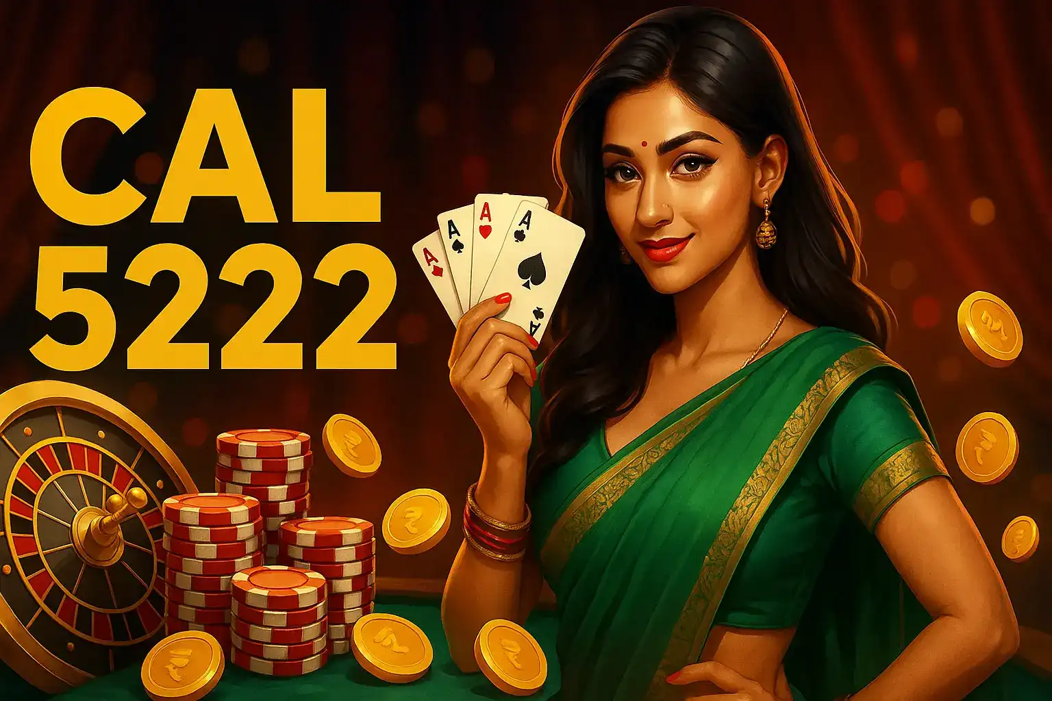 Confident Indian woman in green sari holding aces with roulette, chips, and golden coins around her.