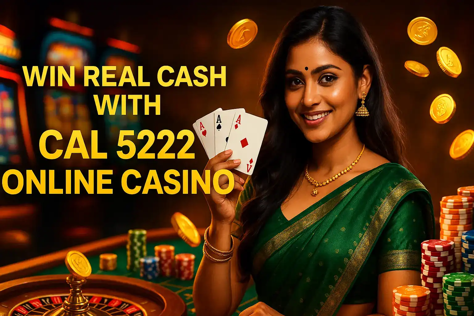 Cheerful Indian woman in green sari holding cards with roulette, chips, and gold coins flying around her.