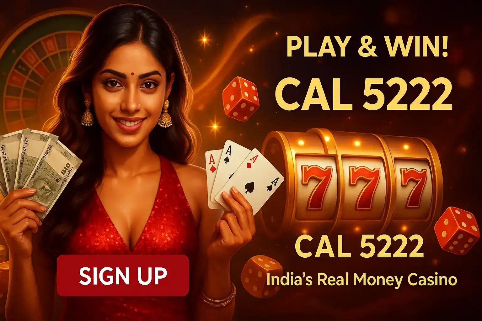 Smiling Indian woman in red dress holding cash and aces with glowing slot machine and dice background.