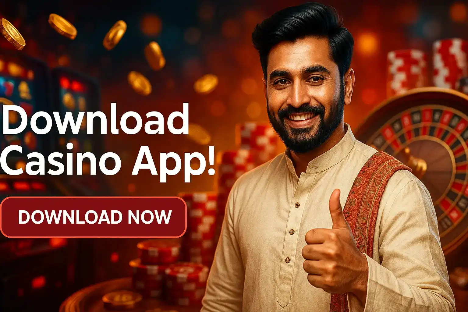 Smiling man in traditional Indian kurta giving thumbs up with casino slots, coins, and roulette in background.