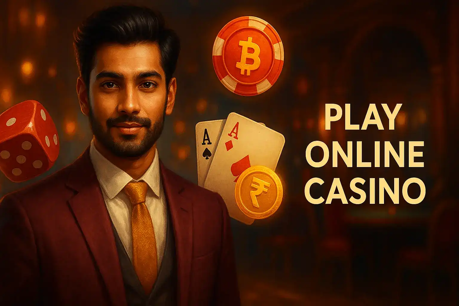 Handsome Indian man in suit with poker cards, crypto chips, and glowing dice in luxury casino setting.