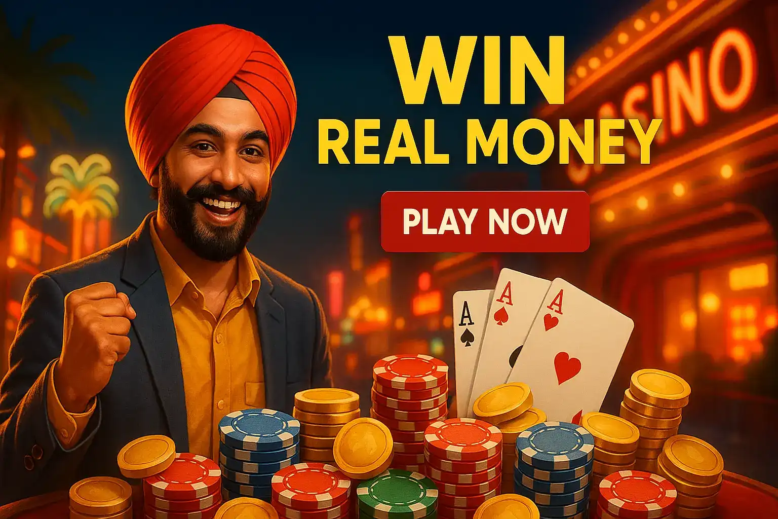 Excited Indian man in turban beside colorful poker chips and playing cards with casino lights behind him.