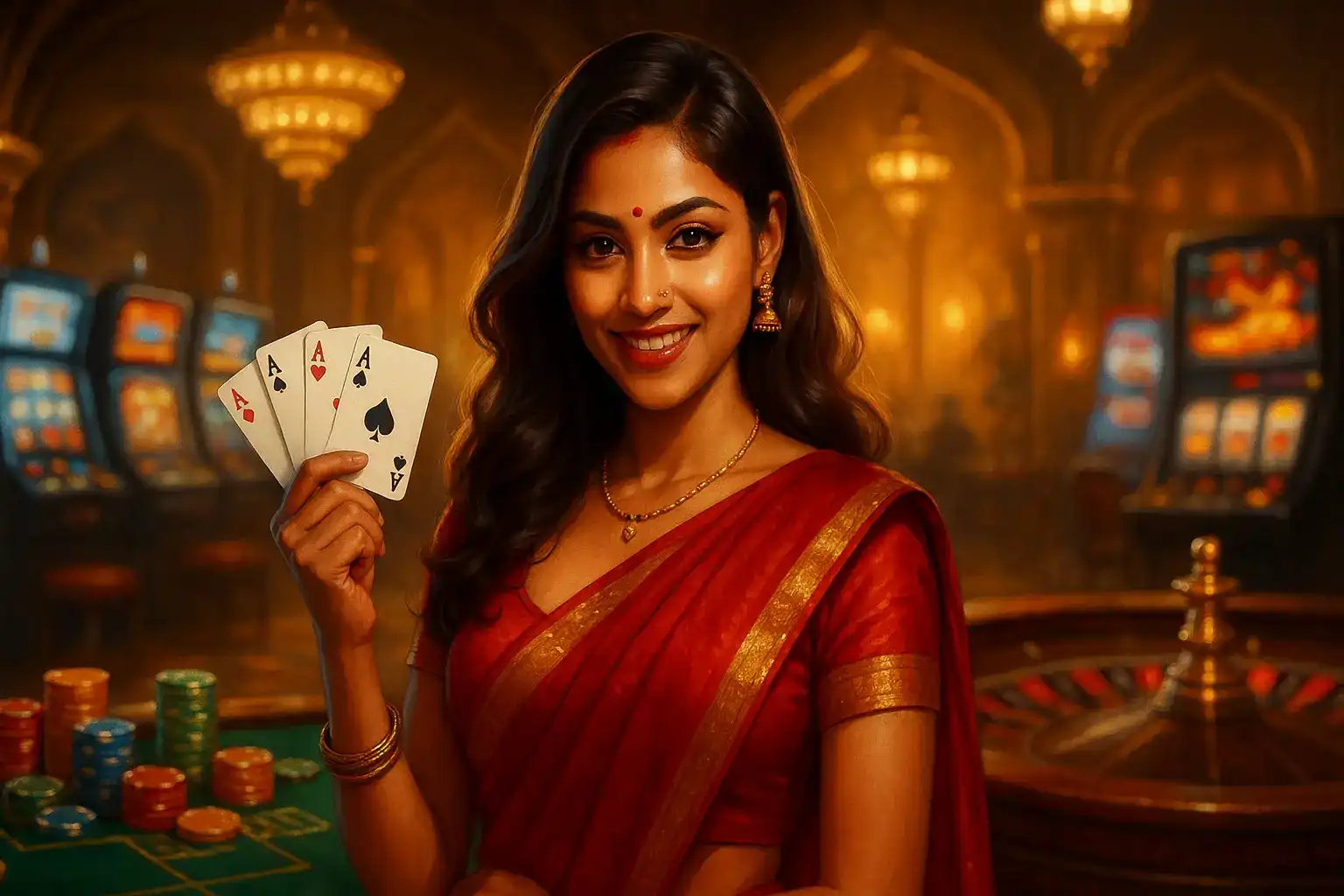 Beautiful Indian woman in red sari holding poker hand with glowing slot machines and roulette background.