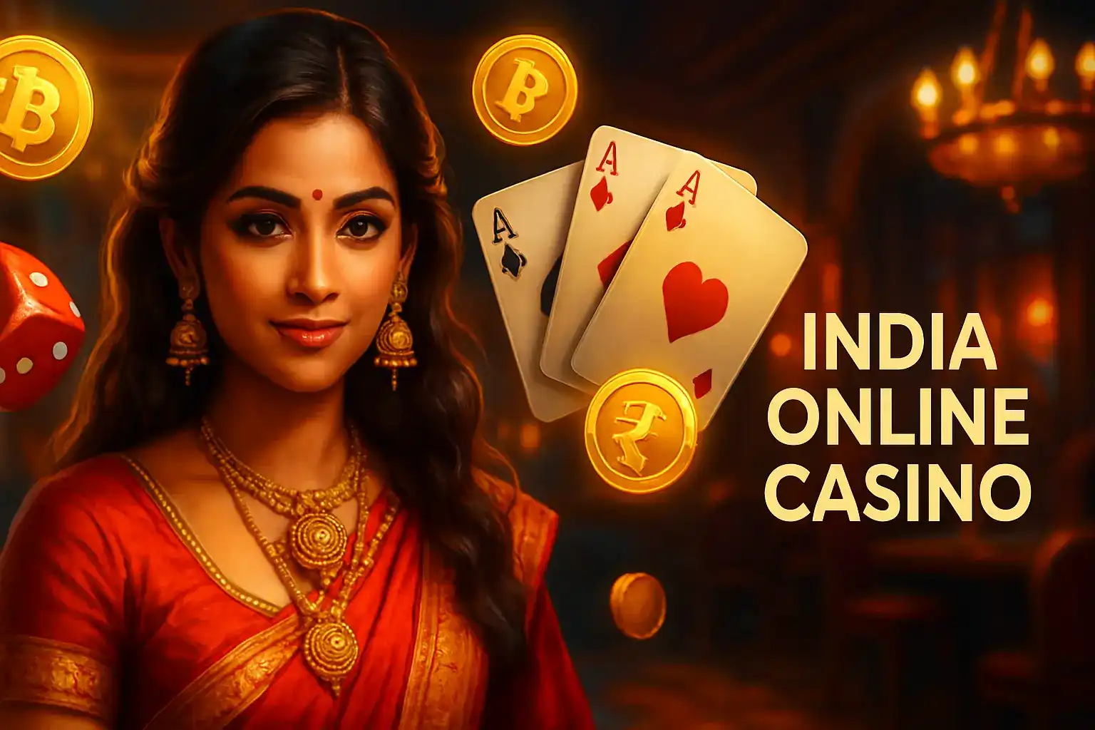 Elegant Indian woman in red sari with playing cards and floating Bitcoin and rupee coins in dark casino.
