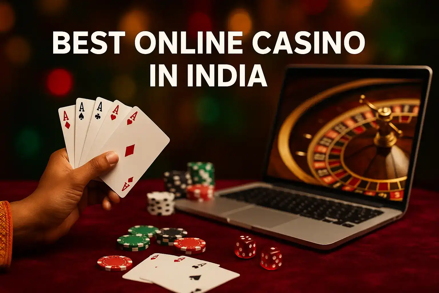 Close-up of Indian hand holding five aces near roulette wheel on laptop with poker chips and dice.