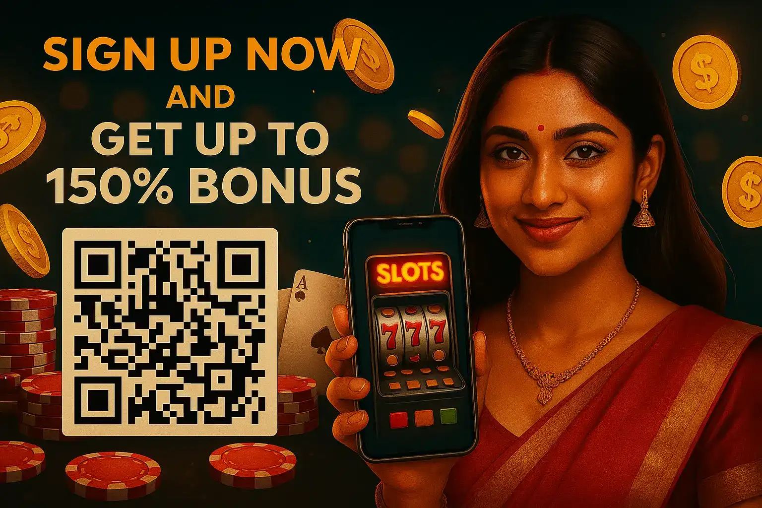 Indian woman in red sari holding phone showing slot machine, surrounded by poker chips, gold coins, cards, and a QR code.