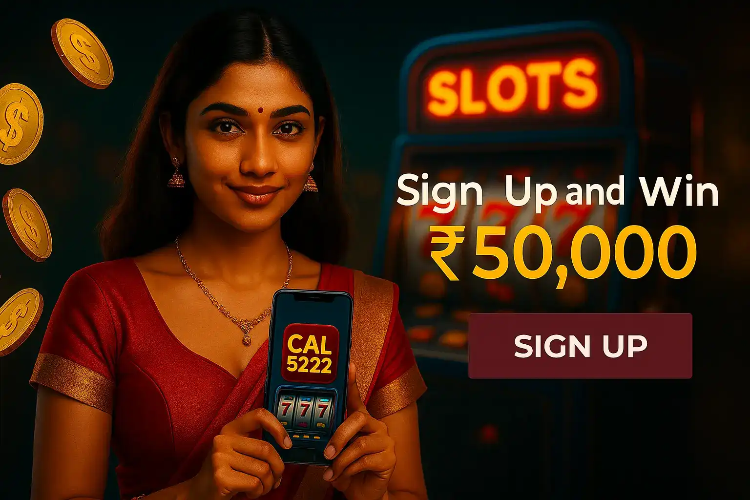 Indian woman in red sari showing phone with “CAL 5222” and slot machine screen, with ₹50,000 prize text and floating coins.