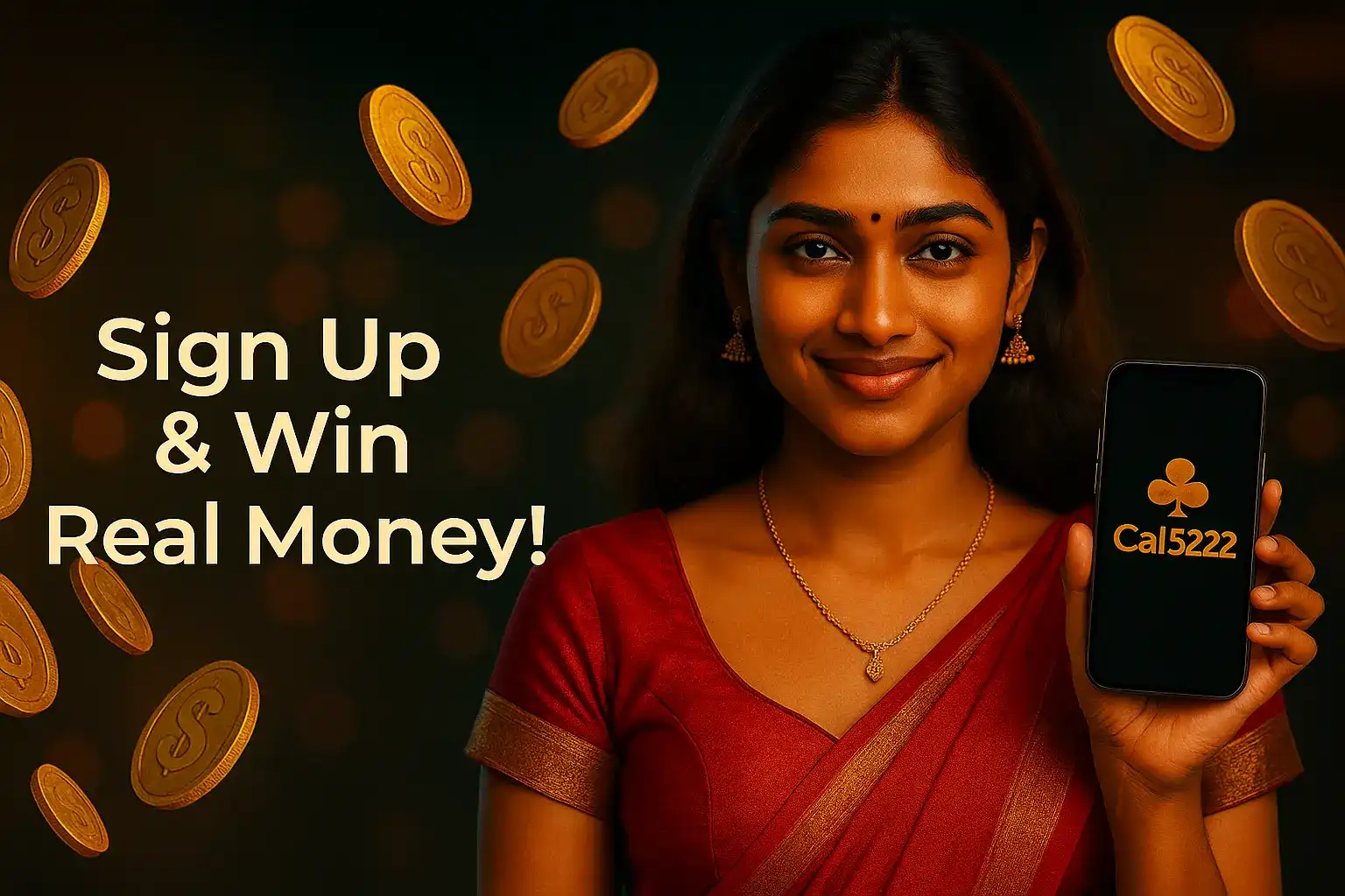 Smiling Indian woman in red sari holding phone with “Cal5222” logo, surrounded by floating gold coins.