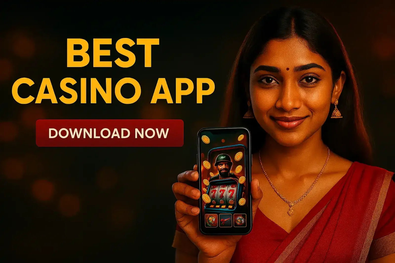Woman presenting best casino app download call to action with phone showing slot game