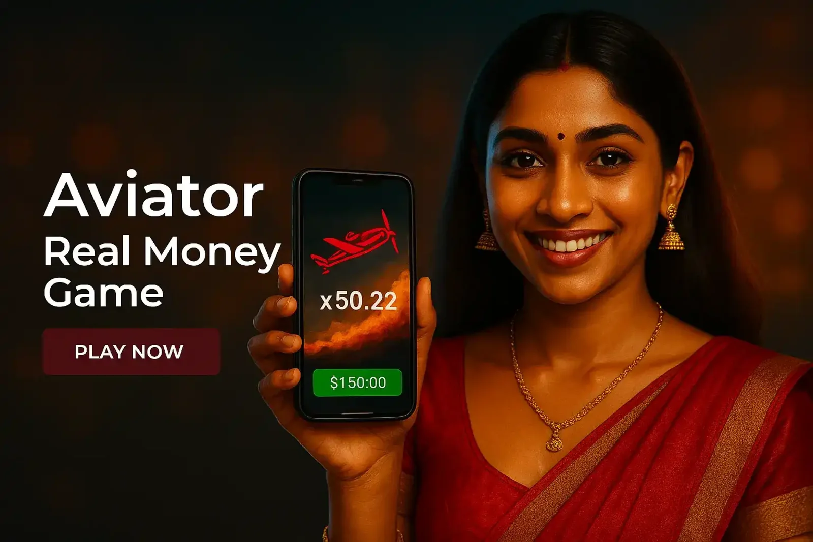 Smiling woman in red saree presenting Aviator game showing x50.22 multiplier and 150 dollar winning with play now button