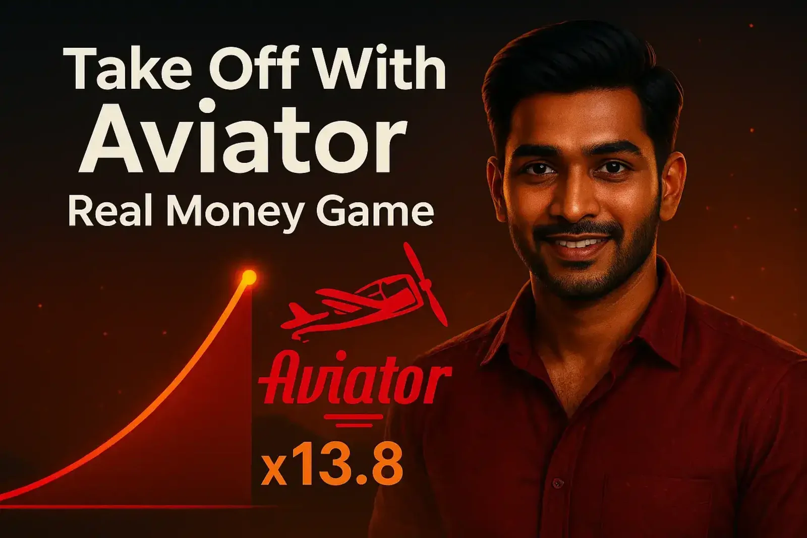 Man presenting Aviator real money game with rising curve graph showing x13.8 multiplier on red background