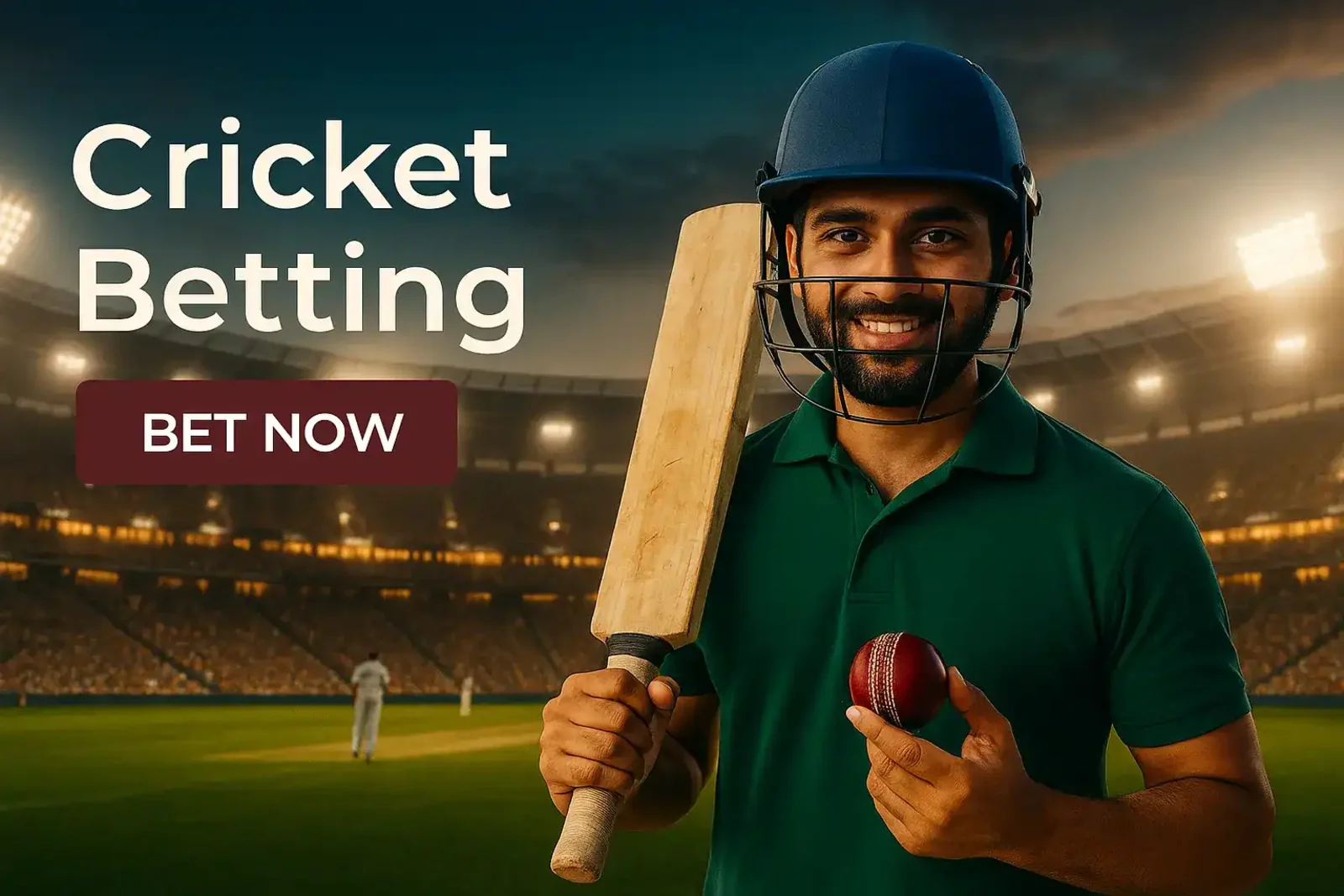Smiling cricket player in green jersey holding bat and ball in illuminated stadium with bet now call to action