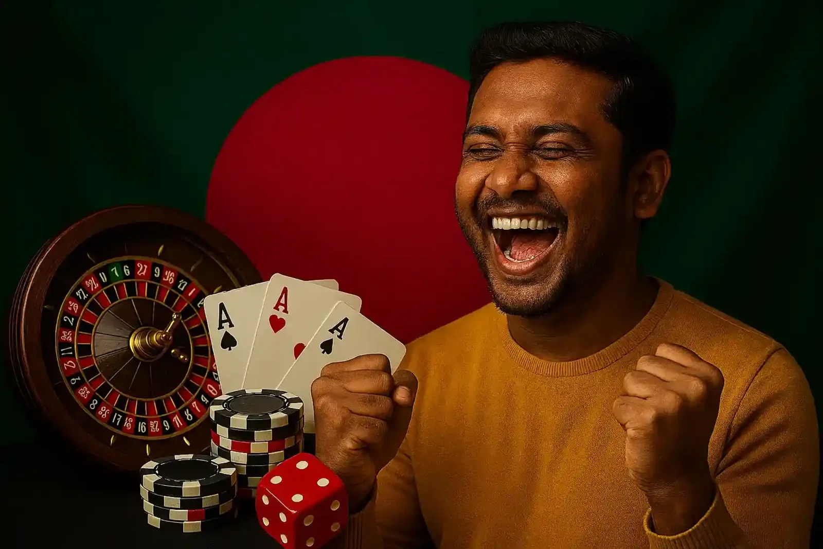 Joyful man in yellow sweater celebrating casino win with three aces roulette wheel chips and Bangladesh flag