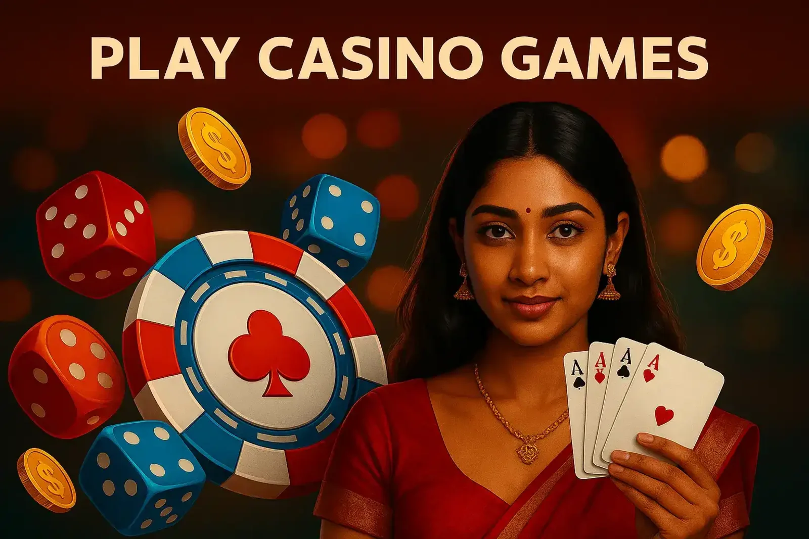 Woman in red saree holding aces with colorful poker chips and dice on elegant bokeh background