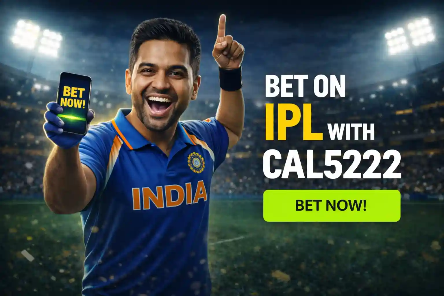 Indian cricket player holding phone with bet now message promoting IPL betting with CAL5222 code