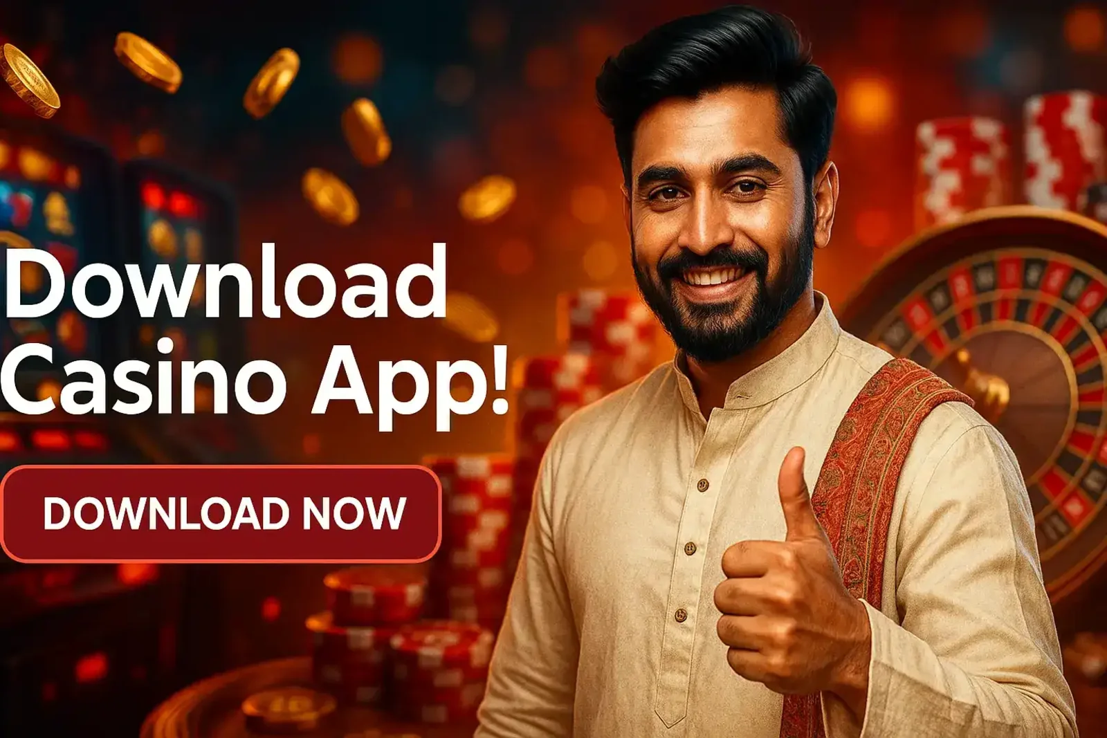 Man in traditional kurta giving thumbs up encouraging casino app download with roulette wheel background