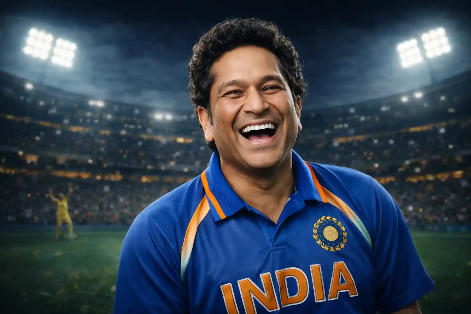 Happy cricket supporter in India jersey smiling under stadium floodlights