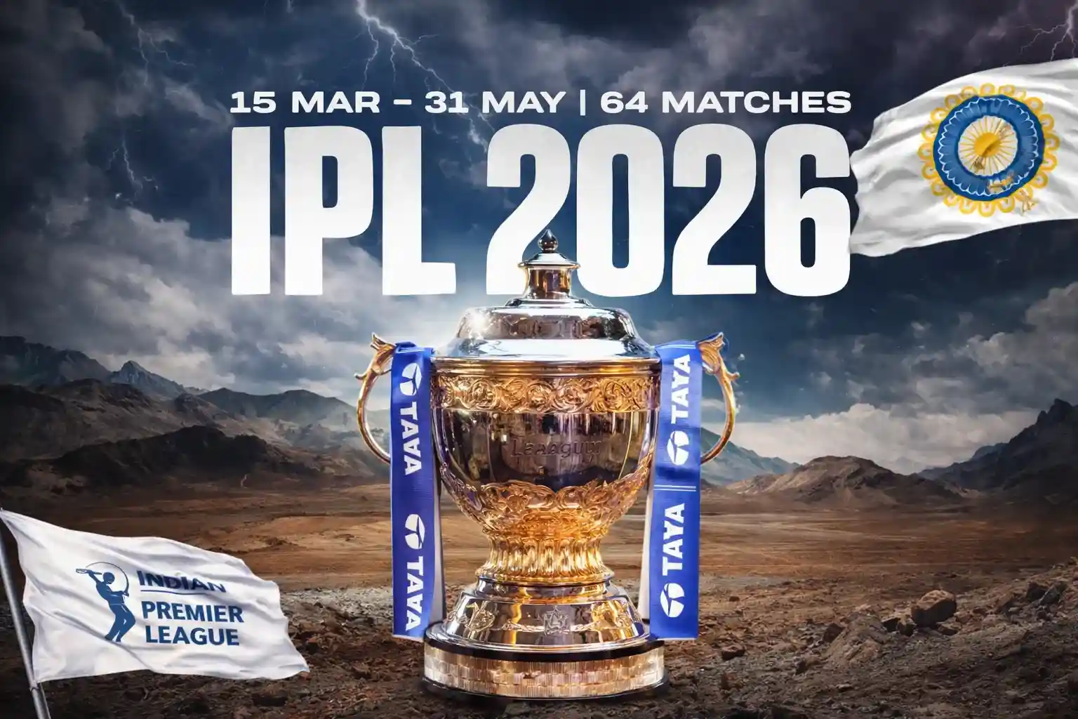 Indian Premier League trophy on dramatic landscape with stormy sky