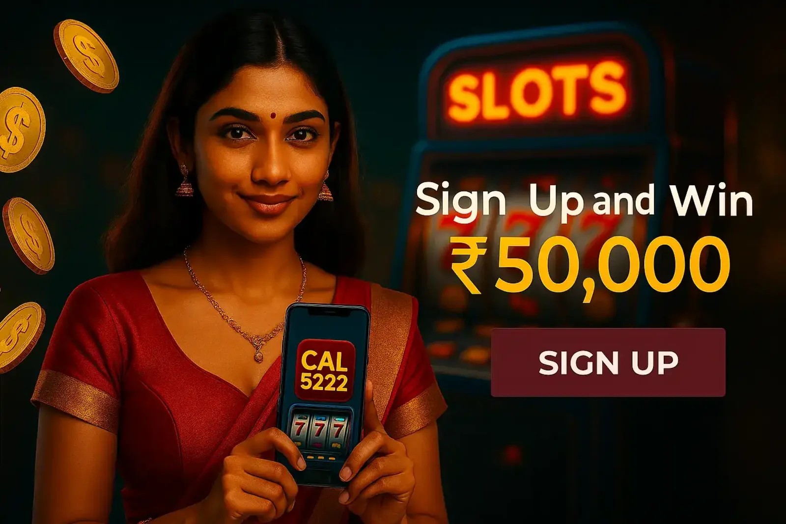Woman displaying CAL 5222 mobile app with 50000 rupees prize and sign up button